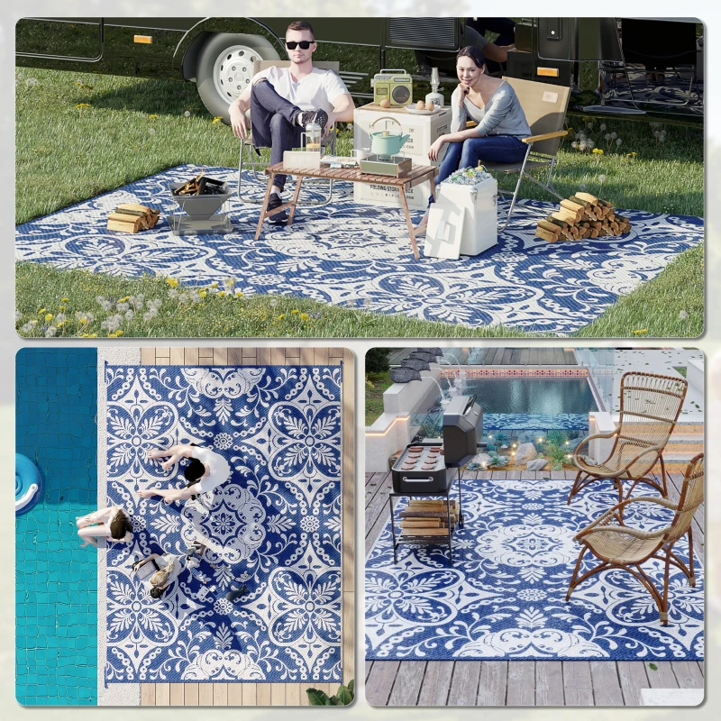 Outsunny Outdoor Rug for Patio, 9' x 12' Waterproof Large Mat, Reversible Plastic Straw Rug for Decor, Portable Outside RV Camping Area Carpet Mat for Backyard Porch Deck Picnic, Blue & White Floral