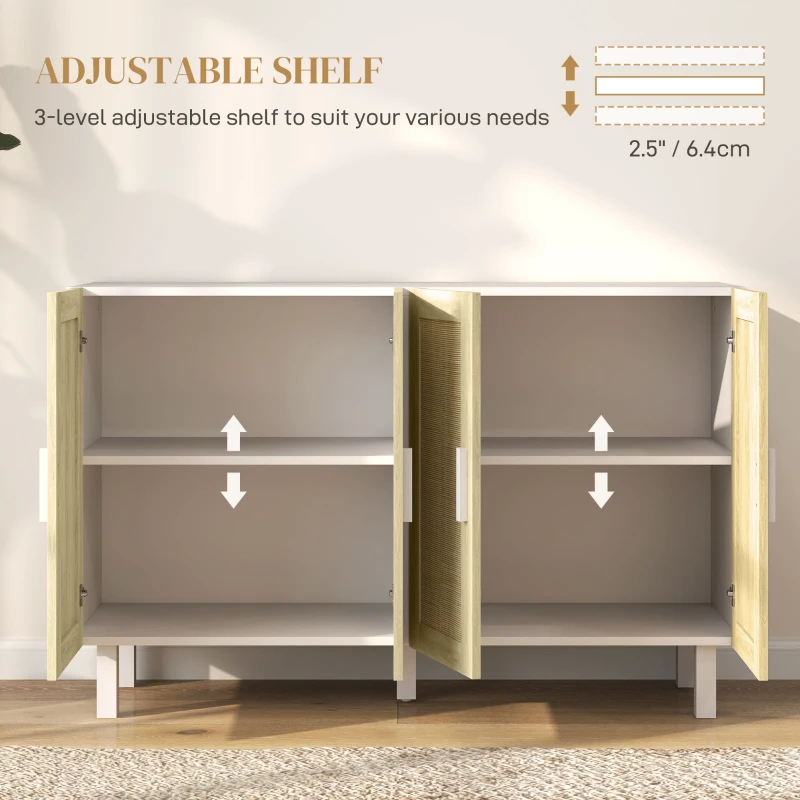 HOMCOM Boho Kitchen Cabinet, Buffet Cabinet with 4 Rattan Doors and Adjustable Shelves for Dining Room, White and Natural