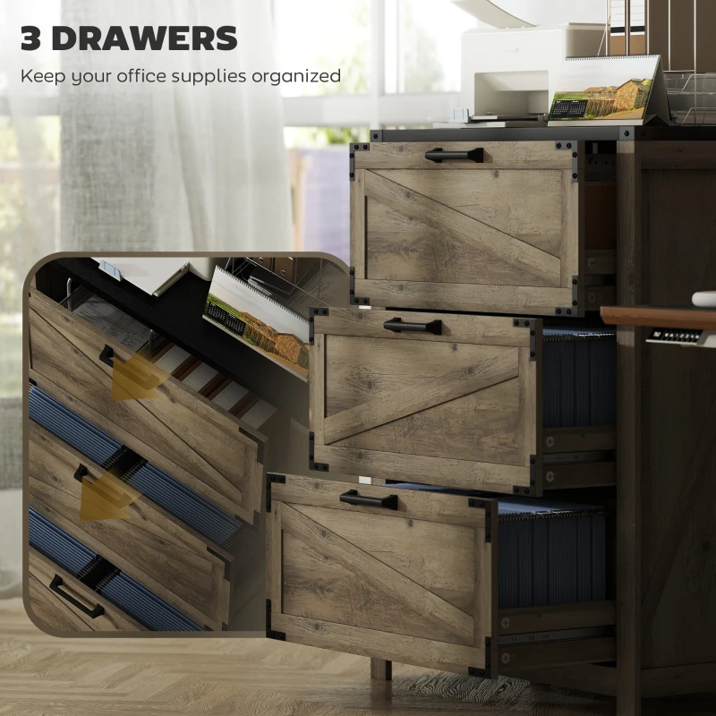 HOMCOM 3 Drawer Filing Cabinet, Farmhouse Office Storage Cabinet with Adjustable Hanging Bars for Letter, A4, Legal Size, Grey