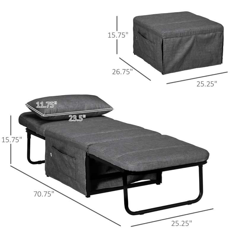 HOMCOM Folding Sofa Bed, 4-in-1 Multi-Function Sleeper Chair Bed Ottoman with Adjustable Backrest, Pillow, Side Pocket for Home Office, Bedroom, Living Room, Charcoal Gray