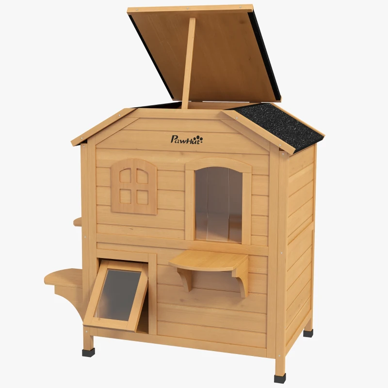 PawHut 2-Storey Outdoor Cat House, Wooden Catio with Openable Roof, Lounge Space, Fun Entrances, for Feral Cats, Yellow