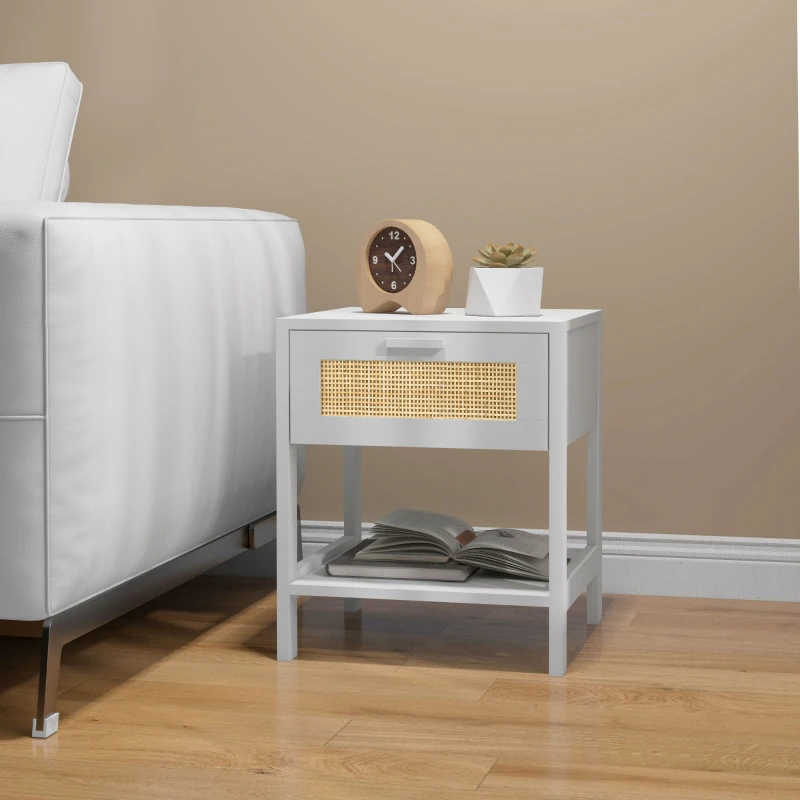 HOMCOM Modern Bedside Table, Accent Nightstand with Drawer and Open Shelf, Bed End Table for Bedroom, Living Room, White