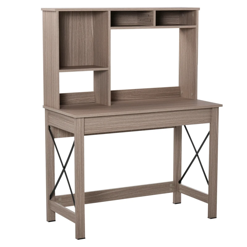 HOMCOM Computer Desk with Hutch, Home Office Table with Storage Shelves and Open Compartments for Writing, Work, Brown