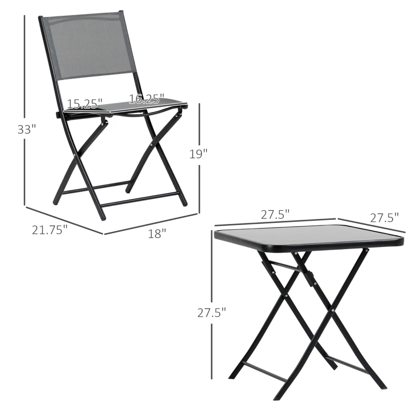 Outsunny 3-Piece Outdoor Patio Dining Set, Folding Garden Bistro Set with Glass Table Top, 2 Folding Chairs, Steel Frame, and Mesh Fabric, Gray