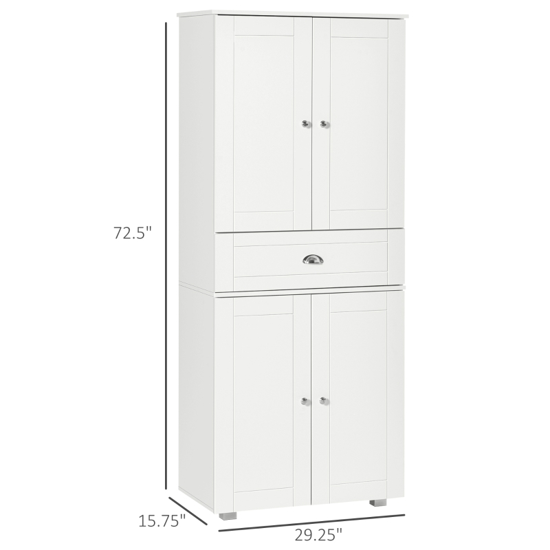 HOMCOM 72" Freestanding Kitchen Pantry Cabinet, Tall Storage Cabinet with 4 Doors, Drawer and Adjustable Shelves for Dining Room, White