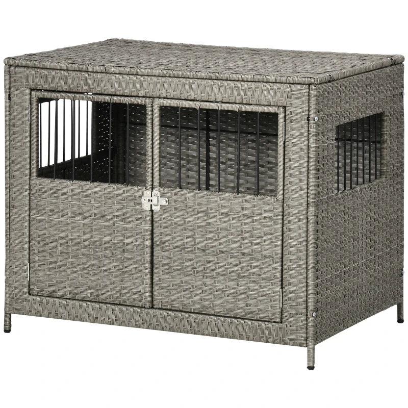 PawHut Rattan Dog Crate with Double Doors, Wicker Dog Cage with Soft Washable Cushion, Dog Kennel Furniture Outdoor Indoor for Medium to Large Sized Dogs, Gray