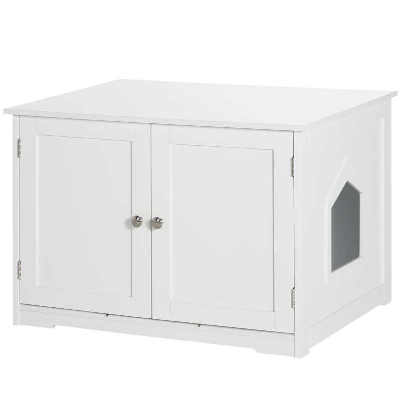 PawHut Modern Cat Litter Box Enclosure with Adjustable Partition for Customizable Space, Cat Washroom End Table for Indoor Cats with Hidden Storage Cabinet Space, White