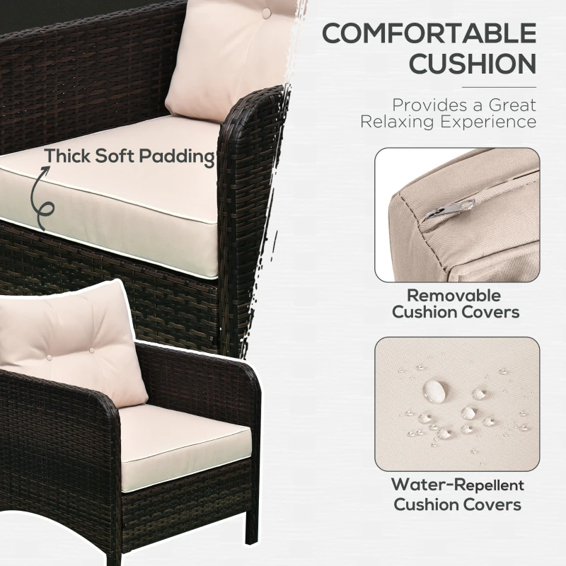 Outsunny 5 Pieces Rattan Wicker Lounge Chair Outdoor Patio Conversation Set with 2 Cushioned Chairs, 2 Ottomans and Tempered Glass Top Coffee Table, Brown/Beige
