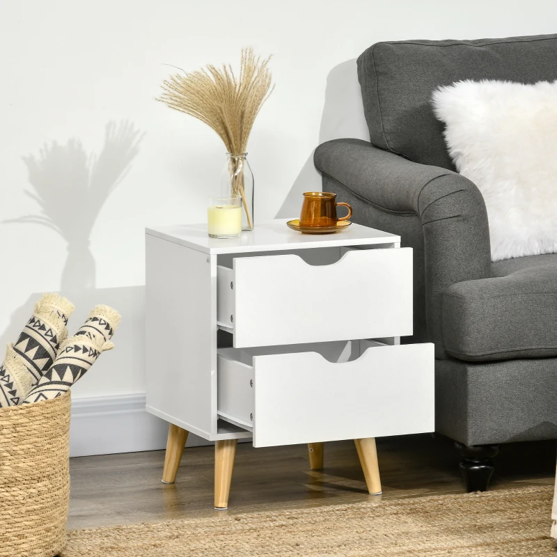 HOMCOM Modern Bedside Table, Nightstand with 2 Drawers and Pine Wood Legs for Bedroom, Living Room, White