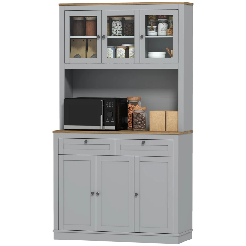 HOMCOM 71" Pantry Cabinet with Microwave Space, Buffet with Hutch, 2 Drawers, Adjustable Shelves and Glass Doors, Grey