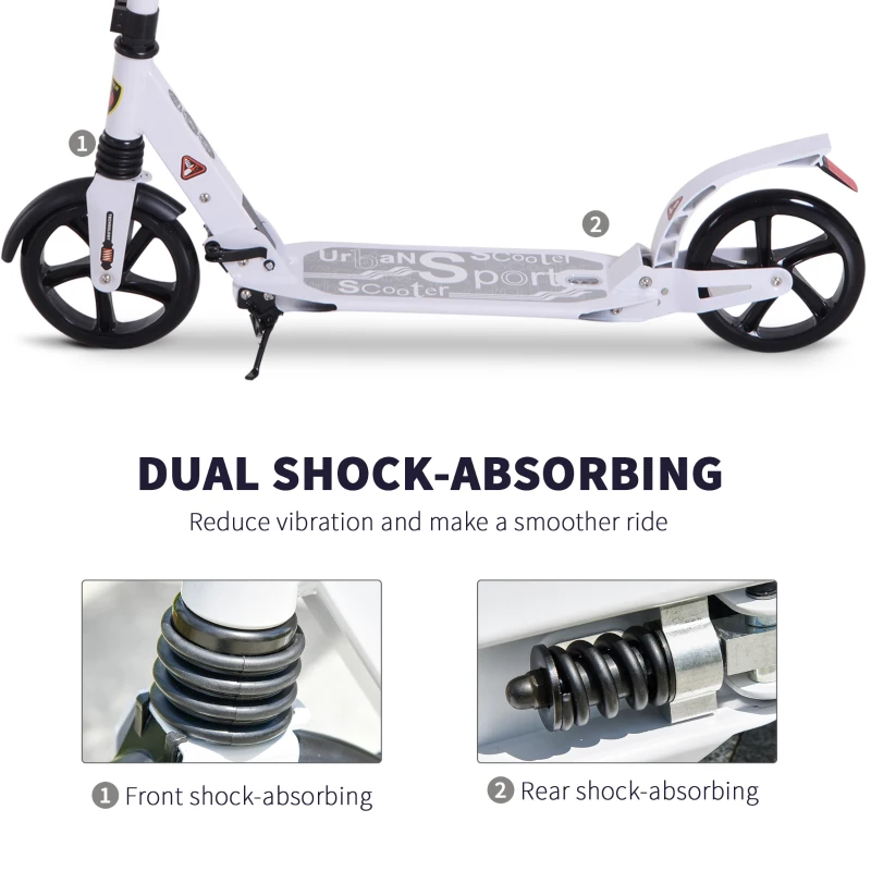 Soozier Foldable Kick Scooter Height Adjustable Ride On Bike with Real Wheel Brake, Dual Shock-Absorbing, Kickstand, and 7.75'' Big Wheels For 14+ Teens Adult, White