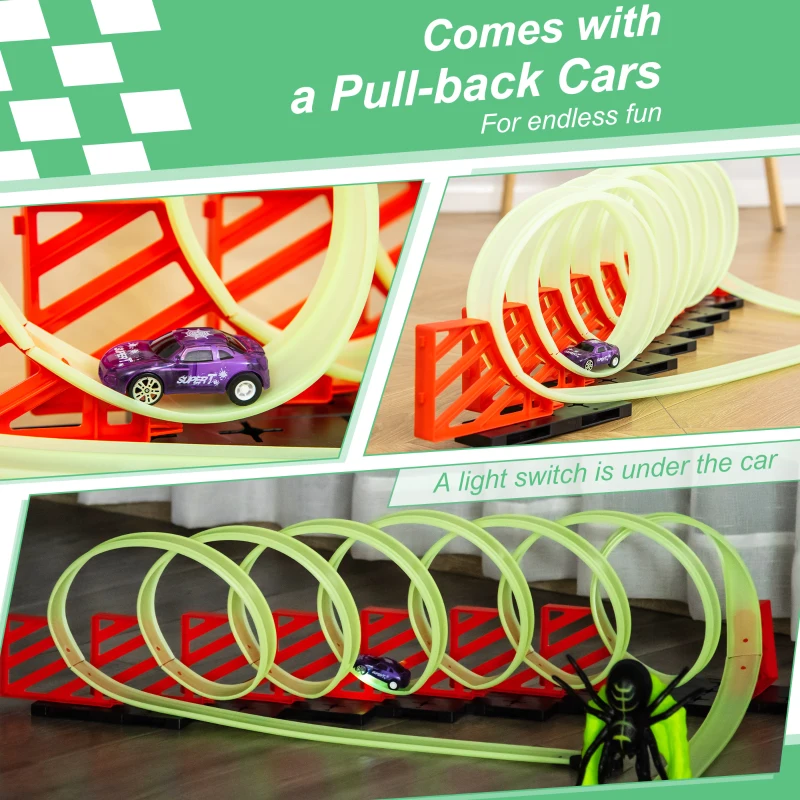 Qaba Track Builder Loop Kit Criss-Cross Glowing Race Track Toy Set Spooky Spider Fun Starter Kit, with Pull-back Car for Kids 3-6 years old, Lime Green
