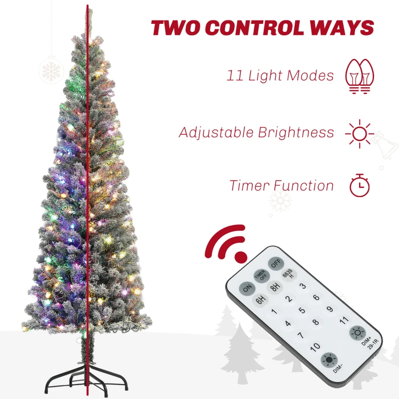 HOMCOM 6ft Prelit Pencil Artificial Christmas Tree, Flocked Xmas Tree with Remote, Dual Colour LEDs, 429 Tips, Metal Stand