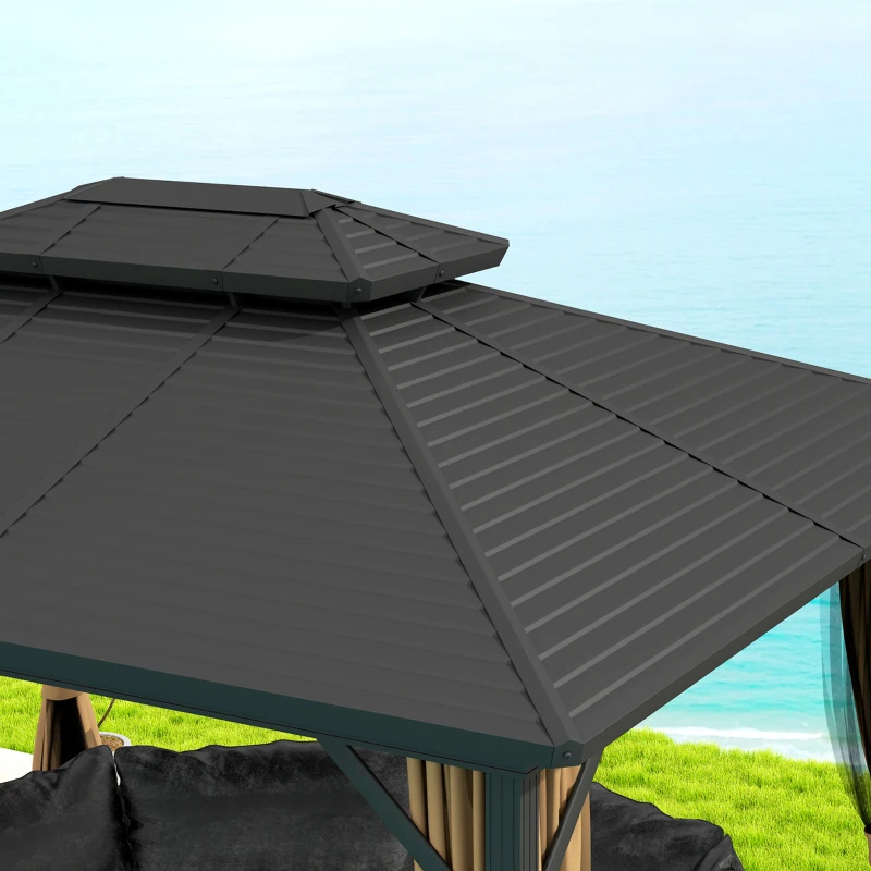 Outsunny 10' x 12' Hardtop Gazebo, Sun Shelter with Double Tier Metal Roof, Mosquito Netting, and Hanging Hook, Dark Brown