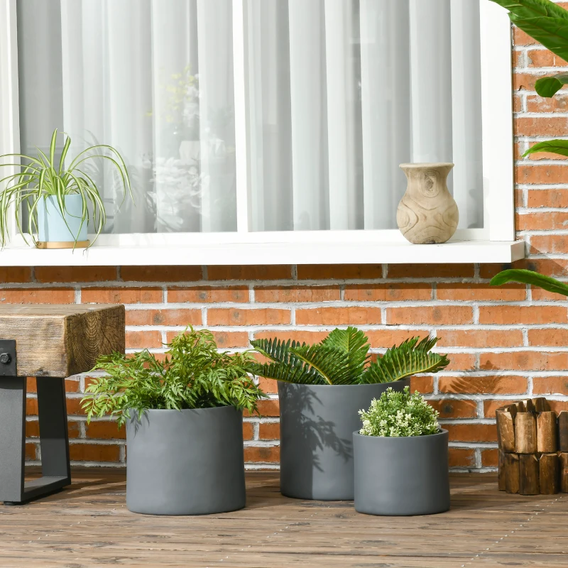 Outsunny Set of 3 Outdoor Planter Set, 13/11.5/9 in, Flower Pots with Drainage Holes, Outdoor Plant Pots for Patio, Yard, Garden