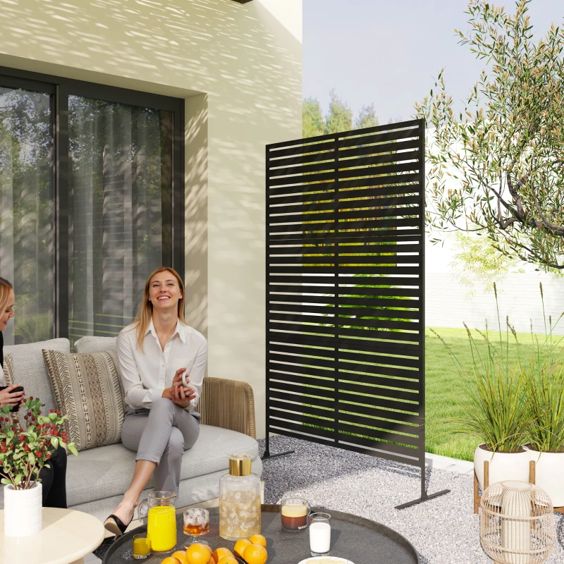 Outsunny Decorative Privacy Fence Screen, Metal Outdoor Privacy Screen Climbing Plant Trellis with Stand, 78" H x 48" W, Black