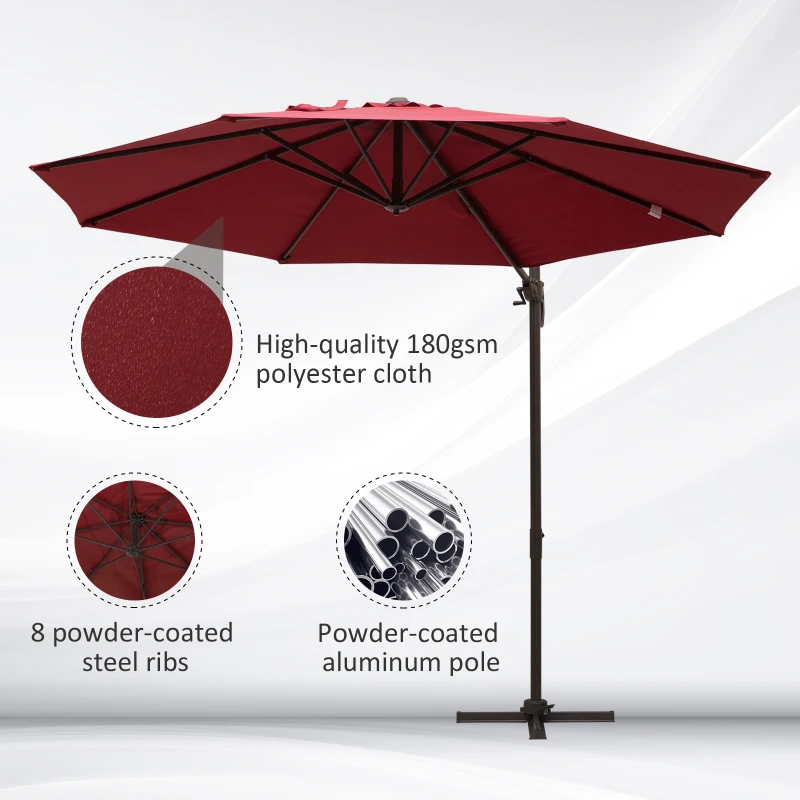 Outsunny 10ft Cantilever Patio Umbrella with 360° Rotation, Crank & Cross Base for Garden Deck Pool Backyard, Wine Red