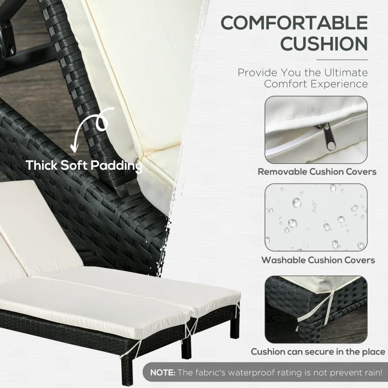 Outsunny Wicker Double Chaise Lounge Chair Outdoor Recliner 2 Person Rattan Patio Reclining Sunbed Furniture Cushioned w/Adjustable Backrest, Cream White