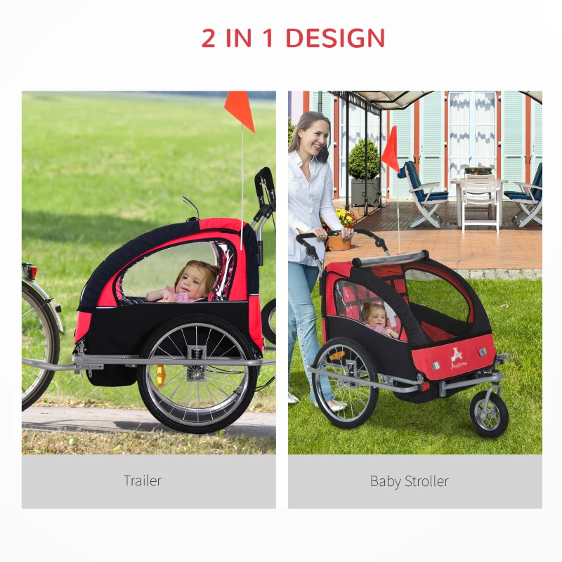 Aosom Double Child Bike Trailer Carrier Bicycle Trailer Foldable Black & Red