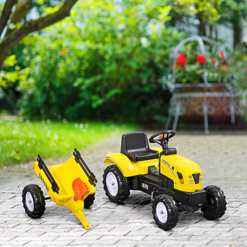 Aosom Kids Ride on Tractor with Back Trailer, Shovel & Rake, Horn, Pedal Go Kart for 3 Years Old, Yellow(m-10)