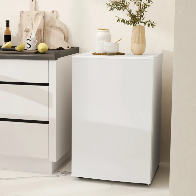 HOMCOM 4.5 Cu Ft Mini Fridge with Freezer, Wheels, Single Door Refrigerator, Adjustable Thermostat, Reversible Door, White