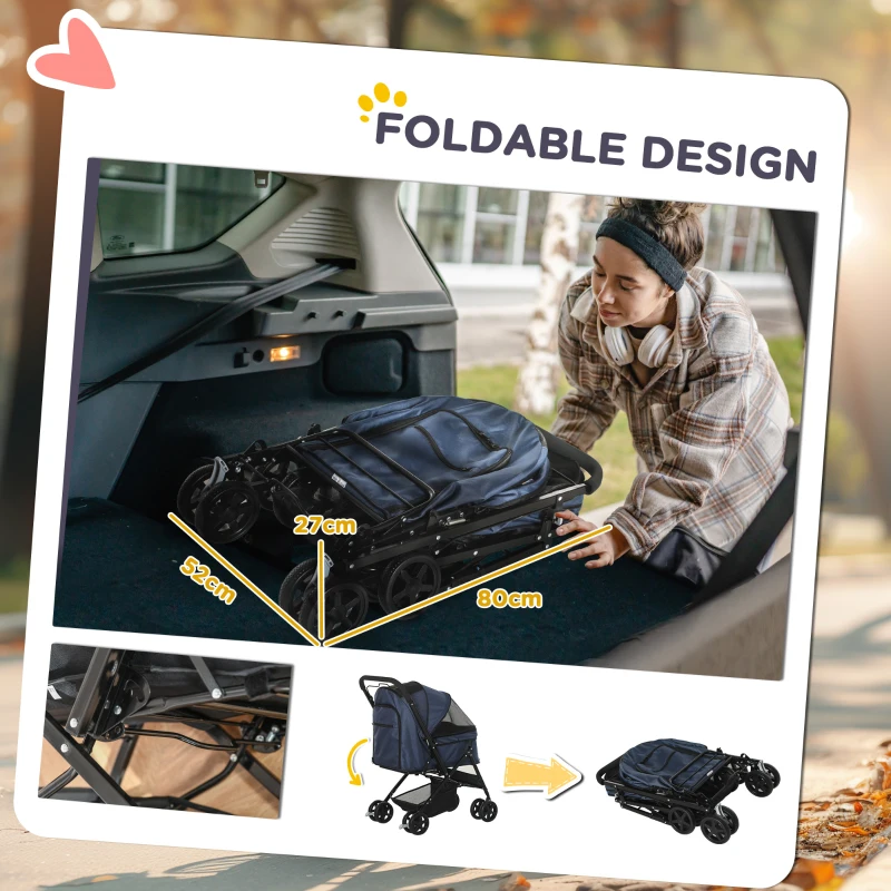 PawHut 4 Wheels Pet Stroller with Reversible Handle, Foldable Cat Dog Travel Carriage with EVA Wheel Brake, 3-stage Canopy, Mesh Window Door, Dark Blue