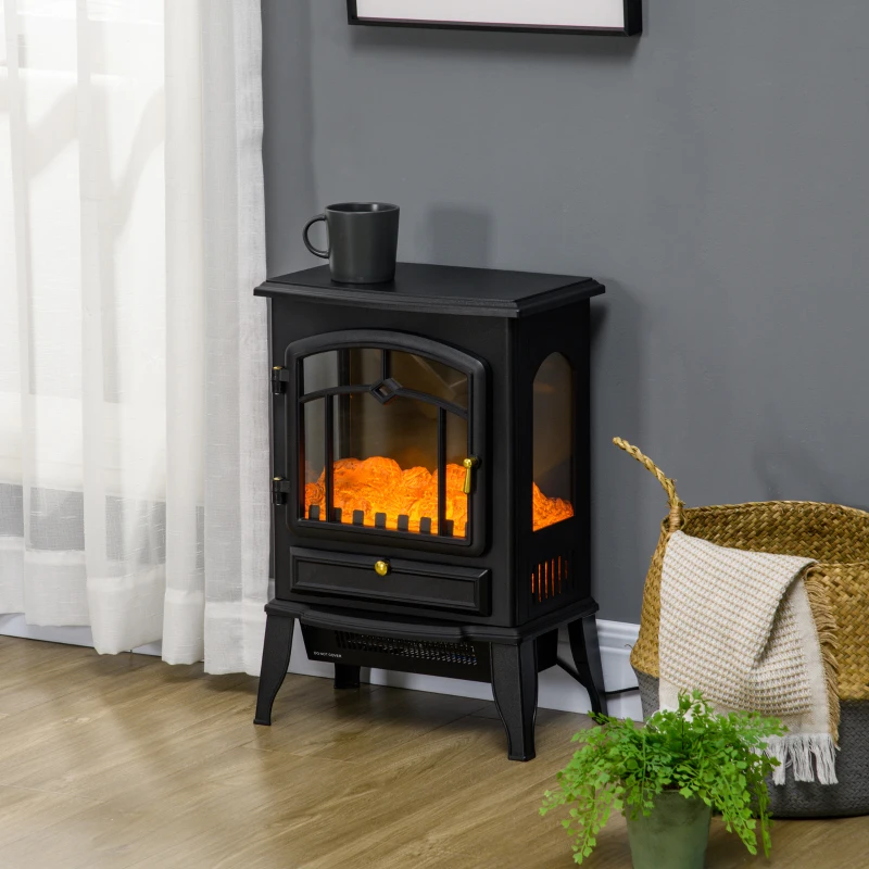 HOMCOM Electric Fireplace Heater Freestanding Fireplace Stove with 3-Side Realistic Flame Overheat Protection 750W/1500W, Black