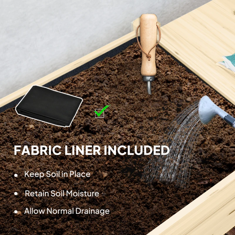 Outsunny Wood Raised Planter Box, Elevated Garden Bed with Lockable Wheels, Side Tables, Bottom Shelf, Drain Holes, Natural