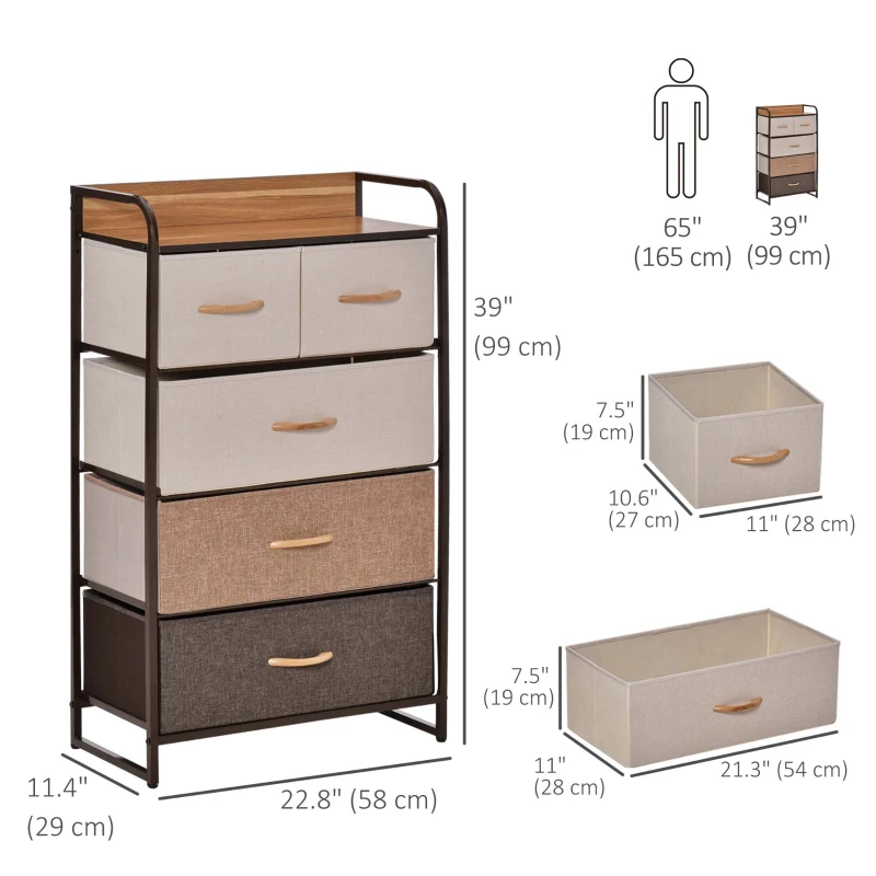 HOMCOM Dresser for Bedroom with 5 Drawers, Chest of Drawers with Metal Frame, Fabric Dresser for Living Room, Multi-Coloured