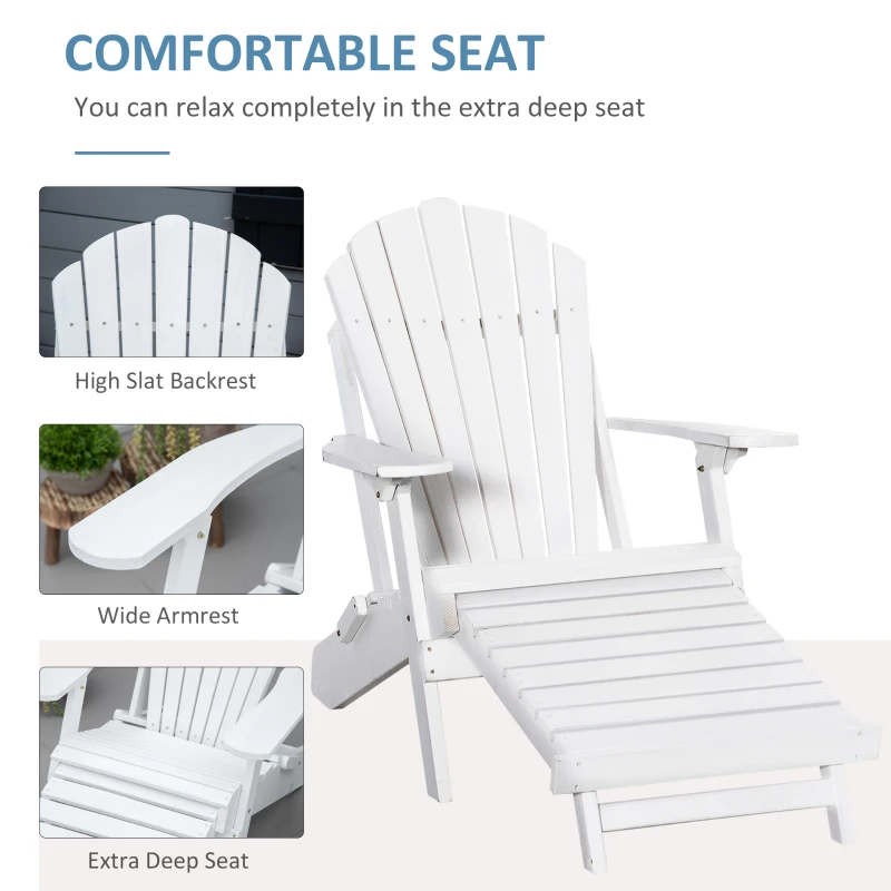 Outsunny Folding Adirondack Chair with Pull Out Ottoman, Outdoor Fir Wood Fire Pit Chair with Footrest, Porch Fanback Lounge for Patio, Poolside Lawn Garden, White