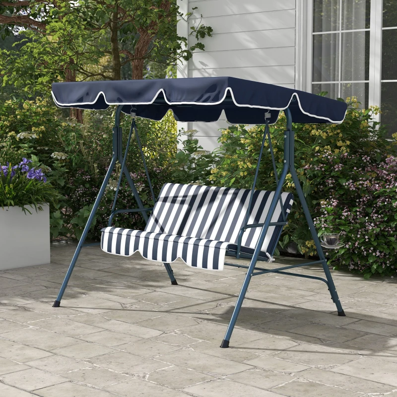 Outsunny 3-Seater Outdoor Porch Swing with Adjustable Canopy, Patio Swing Chair for Garden, Poolside, Backyard, Blue and White