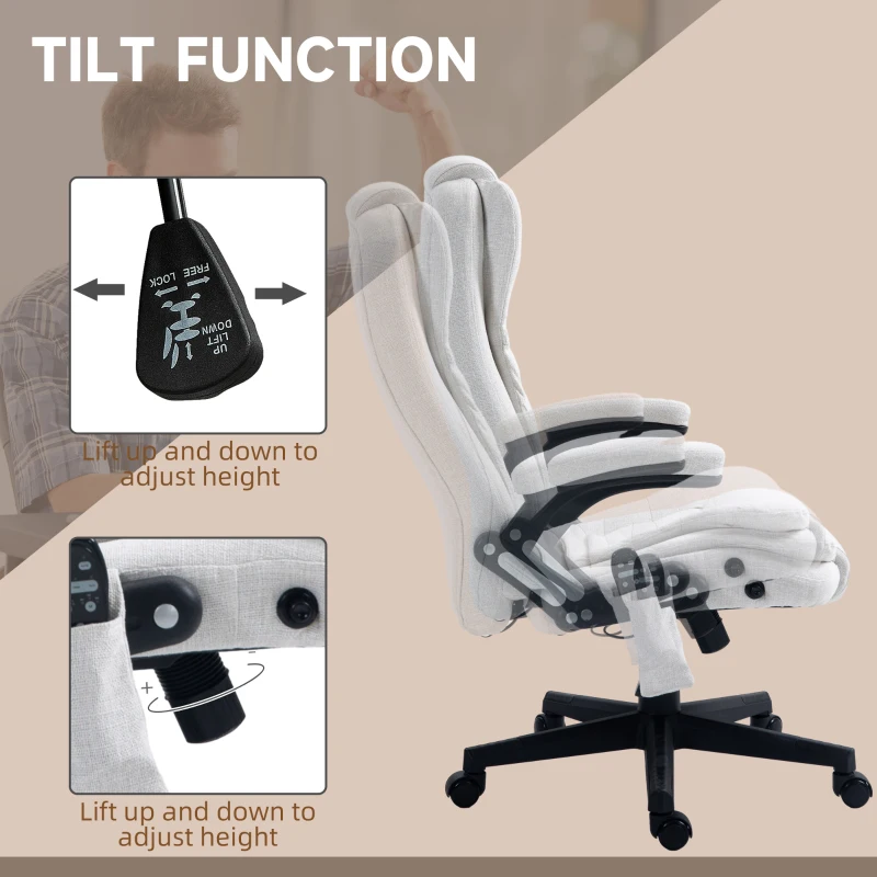 HOMCOM 6 Point Vibrating Massage Office Chair with Heat, Linen High Back Massage Desk Chair with Reclining Backrest, White(m-7)