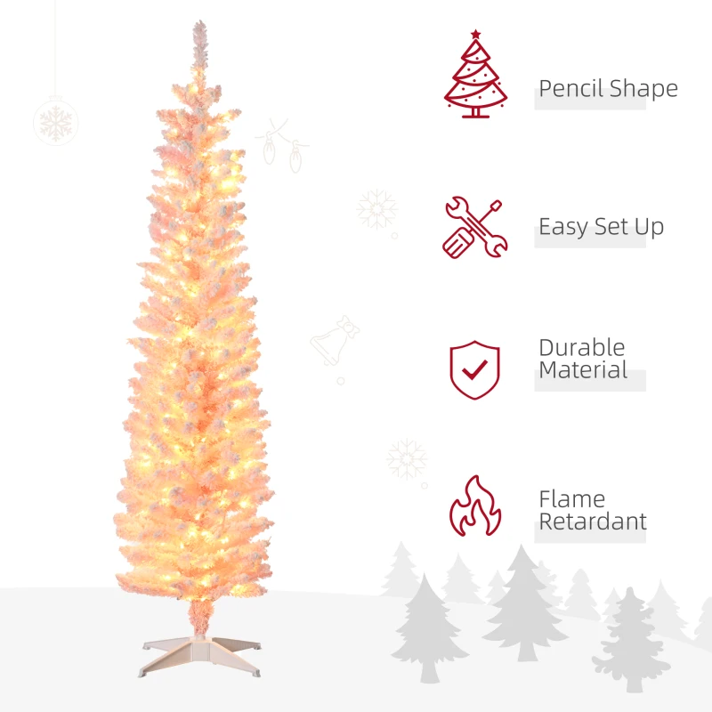 HOMCOM 6' Flocked Christmas Trees, Pencil Prelit Artificial Christmas Tree with Snow Branches, Pink