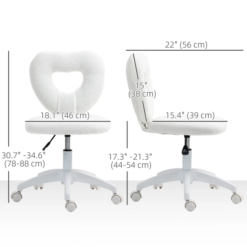 HOMCOM Armless Computer Desk Chair, Office Task Chair, Teddy Fleece Heart Makeup Vanity Chair with Swivel Wheels, White