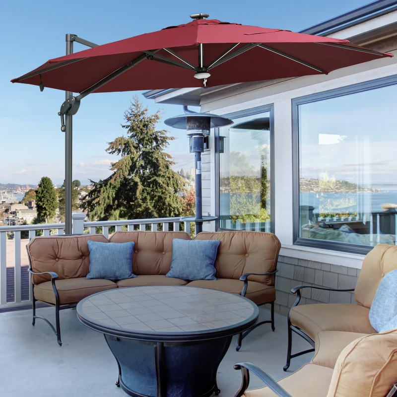 Outsunny 10ft Solar LED Cantilever Patio Umbrella, Aluminum Hanging Offset Umbrella Outdoor Sun Shade with 360 Degree Rotation, Lights, Tilt, Crank, Cross Base, Burgundy