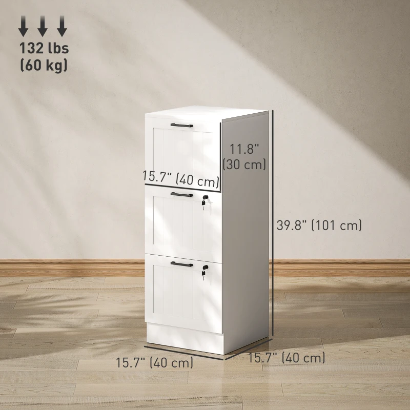 HOMCOM 3 Drawer Filing Cabinet with Lock, Office Storage Cabinet with Adjustable Hanging Bars for A4 Letter Size Files, White