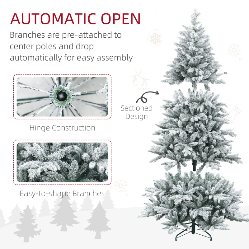 HOMCOM 7ft Artificial Flocked Christmas Tree with Snow Tips, Easy Assembly, Hinged Xmas Tree for Home Office Holiday