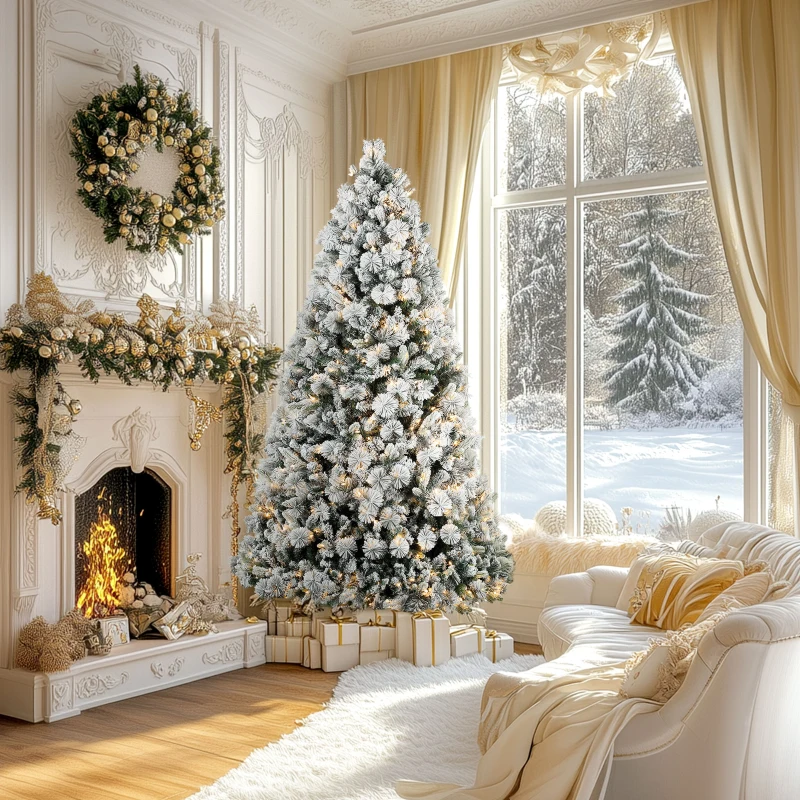 HOMCOM 7.5 ft Prelit Flocked Artificial Christmas Tree with 500 Clear Lights, 1530 Tips, Metal Stand for Home Office Holiday