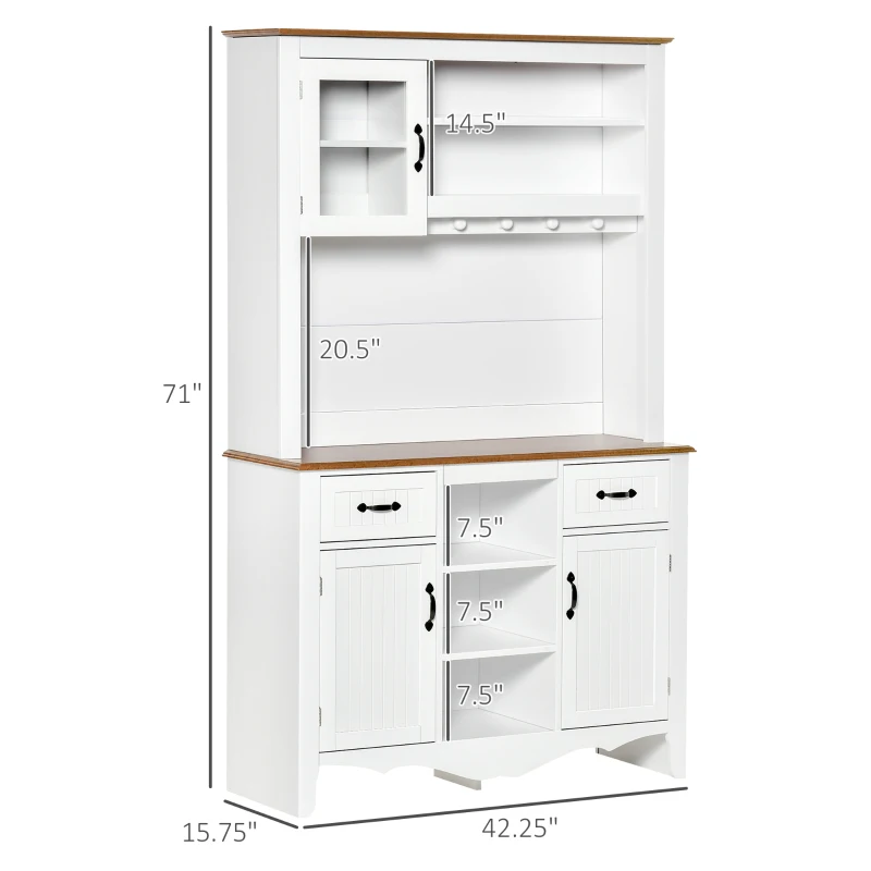 HOMCOM Farmhouse 71" Kitchen Buffet with Hutch, Storage Cabinet with Drawers and Shelves, White