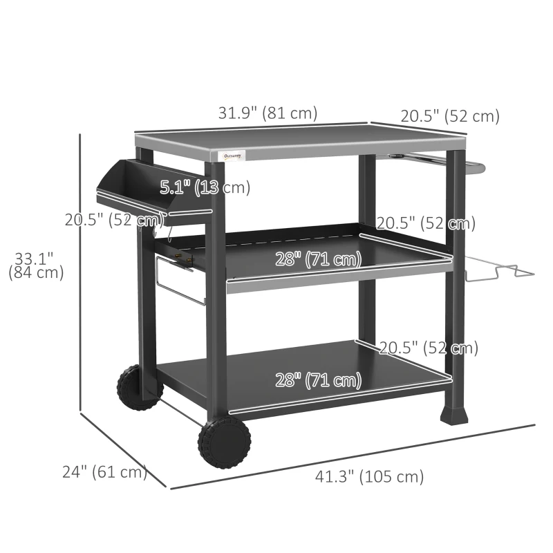 Outsunny 3-Shelf Outdoor Grill Cart Table with Side Handle, Stainless Steel Pizza Oven Stand on Wheels, Black