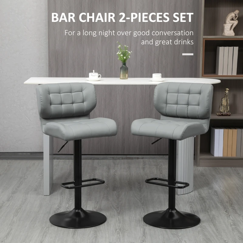HOMCOM Swivel PU Leather Barstools Set of 2 Adjustable Bar Stools with Footrest Back for Kitchen Counter Dining Room Grey