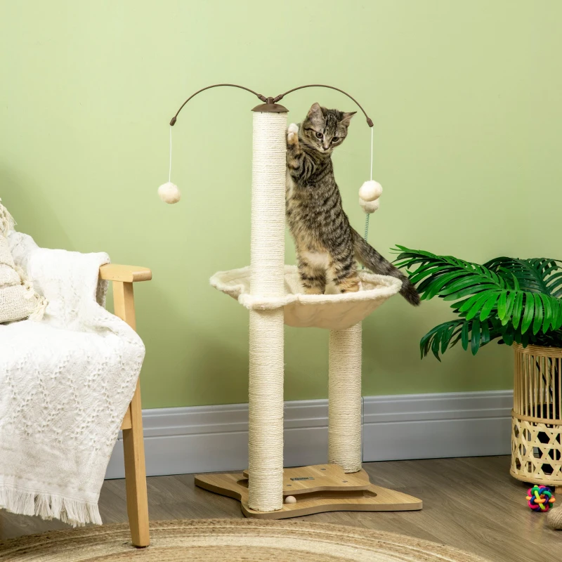 PawHut Small Cat Tree Hammock with Scratching Posts, Elevated Cat Bed with Ball Toys, Cat Hammock Stand for Indoor Cats