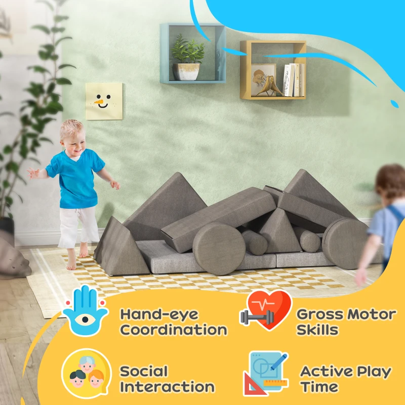 Qaba 12 Pieces Kids Foam Climbing Blocks with Washable Cover for Toddlers, Khaki