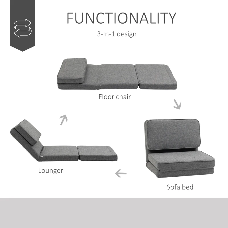 HOMCOM Convertible Flip Chair, Folding Upholstered Floor Sofa, Adjustable Guest Chaise Lounge, Dorm Bed with Metal Frame for Living Room and Bedroom, Dark Gray