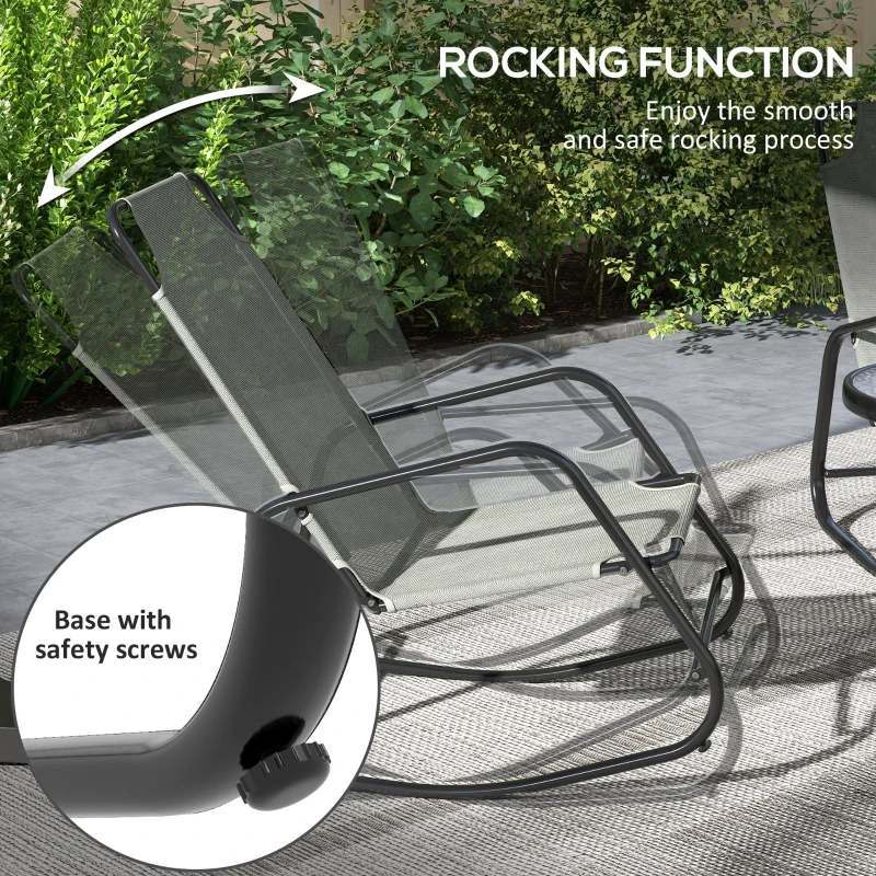 Outsunny Patio Rocking Chairs Set of 2, 3 Pieces Patio Bistro Set with Metal Frame, Breathable Mesh Fabric Seat for Garden, Deck, Grey