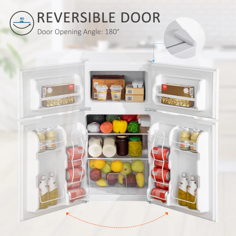 HOMCOM 3.2 Cu.Ft Mini Fridge with Freezer, Double Door Compact Refrigerator with Adjustable Thermostat, Shelf and Reversible Door for Bedroom, Dorm, Home Office, Energy Efficient, White