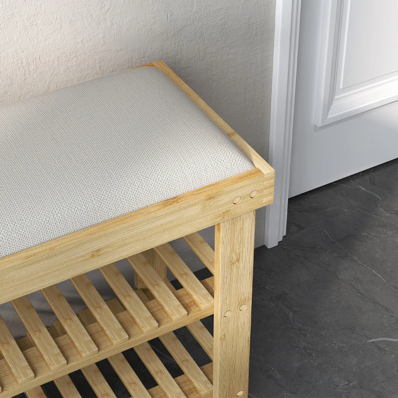 HOMCOM Bamboo Shoe Storage Bench, 3-Tier Entryway Bench with Cushion, Shoe Organizer for Entryway, Hallway, Cream White