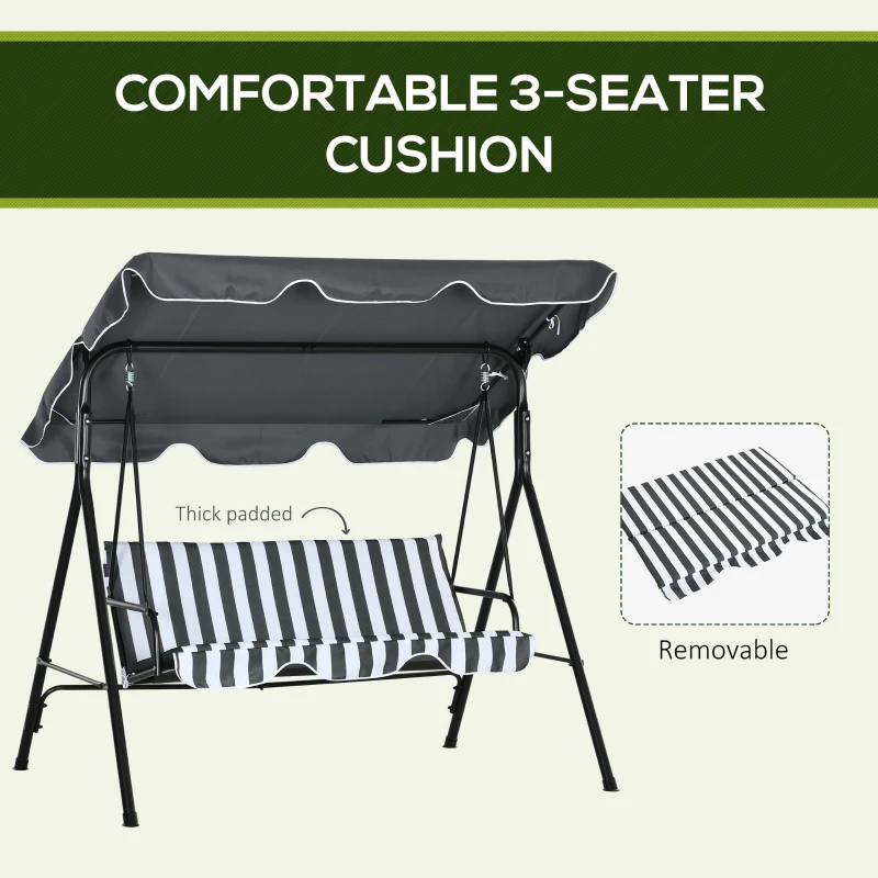 Outsunny 3-Seat Outdoor Patio Swing Chair w/ Cushion, Steel Frame Stand, Adjustable Tilt Canopy for Patio, Garden, Gray & White