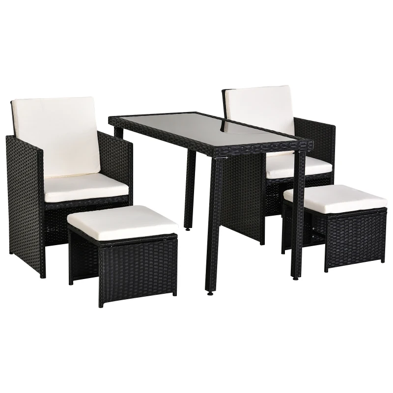 Outsunny 5pc Rattan Wicker Dining Set Outdoor Sofa Table Ottoman Set Space Saving Patio Furniture with Cushion, Black