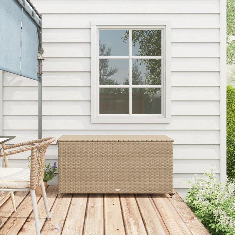 Outsunny 83 Gallon Deck Box, Large Outdoor Storage Chest, PE Wicker Trunk for Outside on Wheels for Garden Tools, Pool Supplies & Patio Furniture Cushions, Brown